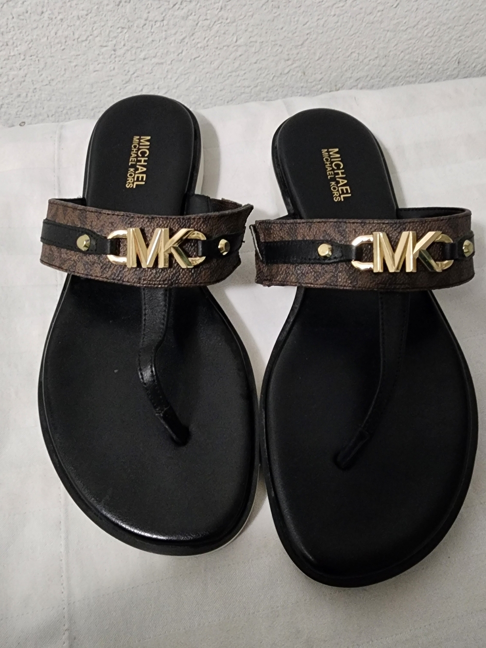 Michael Kors Black & Brown MK Logo Thong Sandals